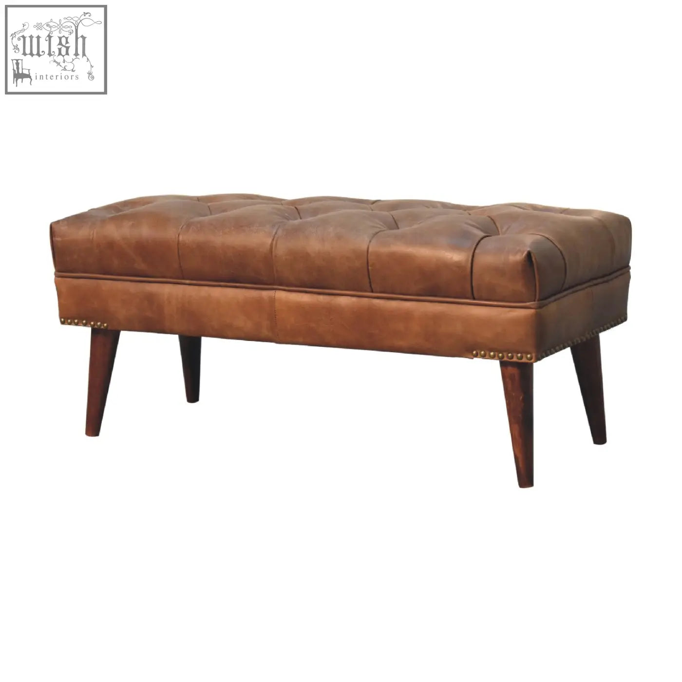Harbour brown leather bench with tufted brown leather seat, mango wood legs, and brass nailhead trim in chestnut color