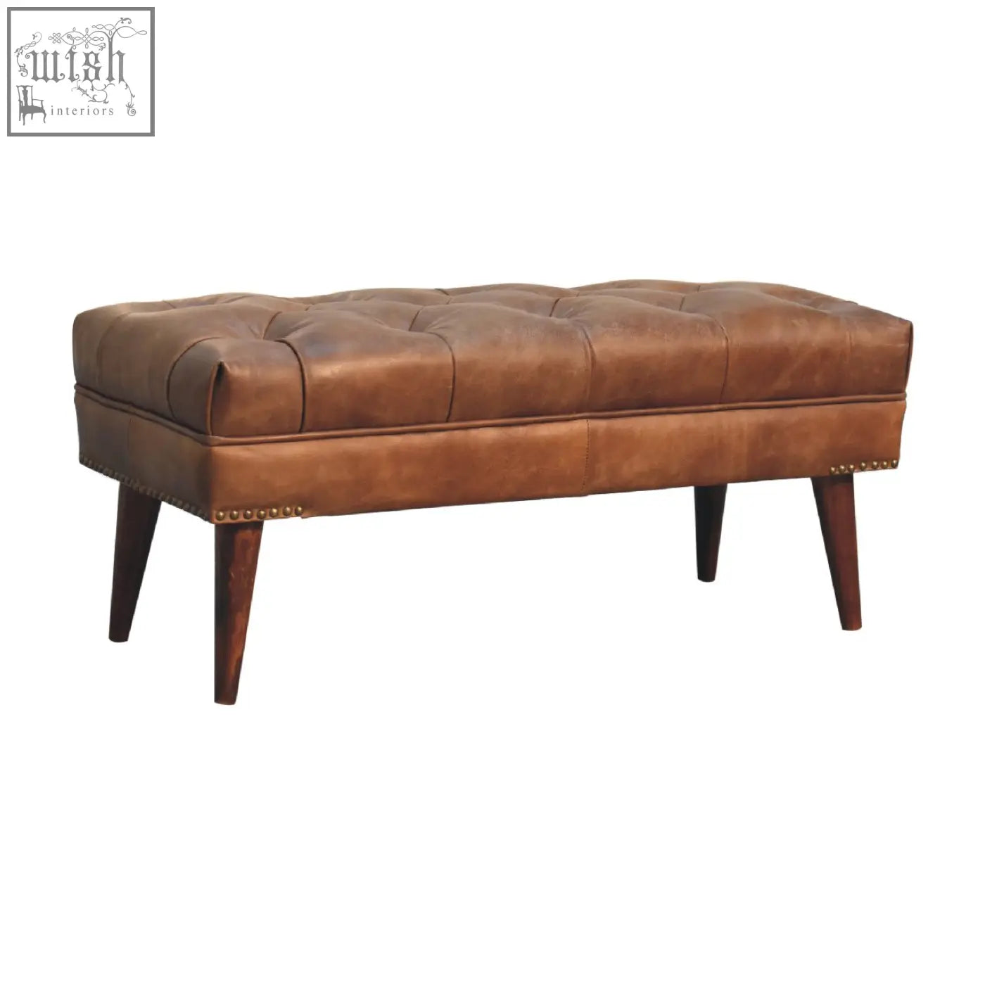 Harbour brown leather bench with brown leather tufted seat mango wood legs and brass nailhead trim in chestnut color