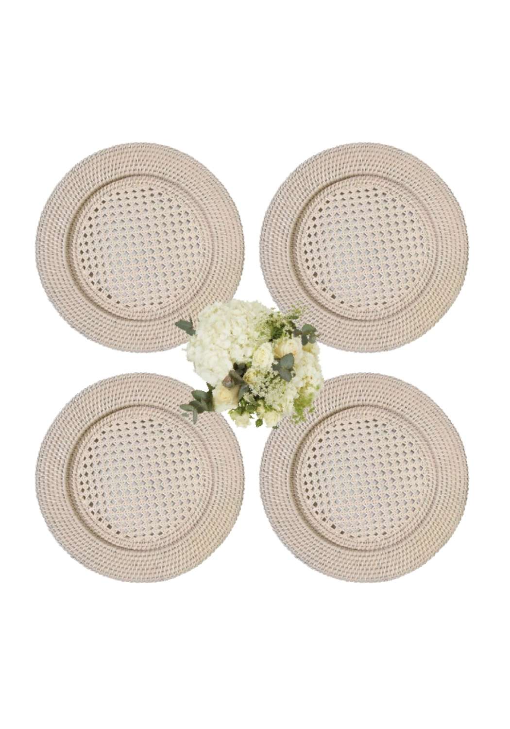 Beige harbour island rattan round charger placemats with woven textured circular pattern and subtle central holes set of 4