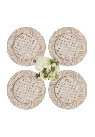 Beige harbour island rattan round charger placemats with woven textured circular pattern and subtle central holes set of 4