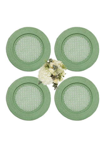 Set of 4 harbour island round rattan chargers in mint green with woven textured circular pattern and subtle dot design