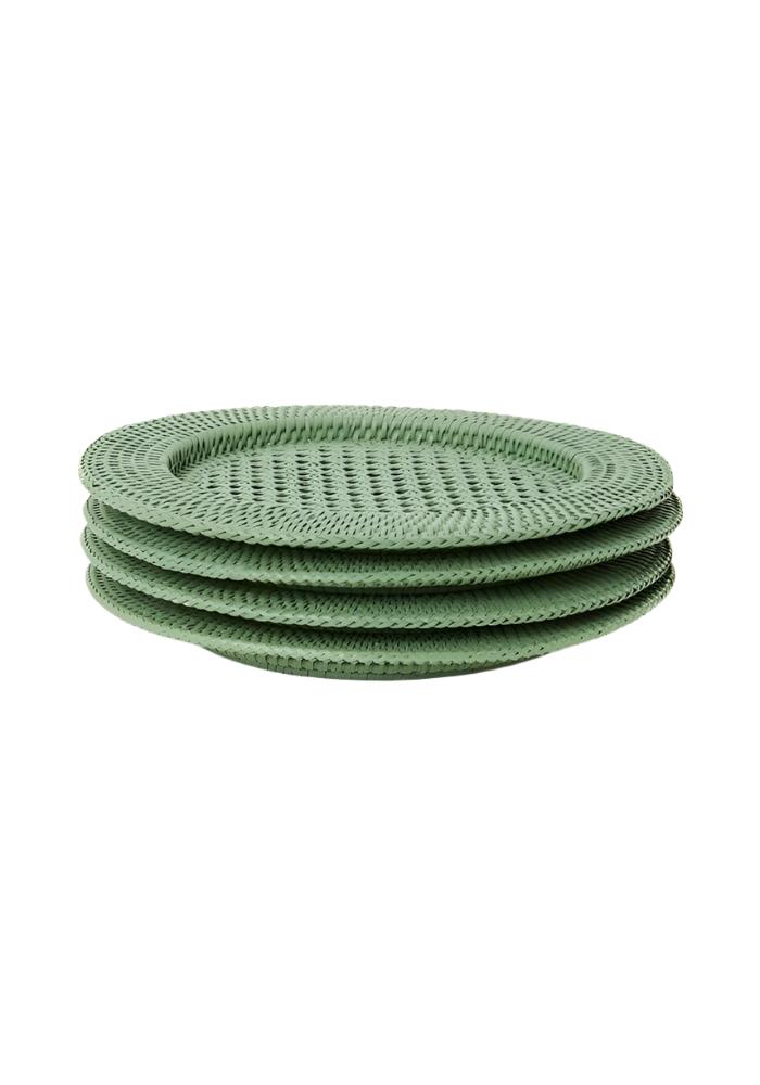 Stack of four harbour island round rattan chargers in sage green with a textured woven pattern