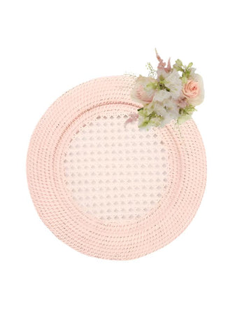 Harbour island round rattan charger placemat pink with delicate woven design and floral detail in upper right corner