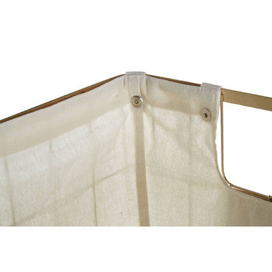 Off-white canvas canopy with reinforced metal grommets and wooden frame edges for harga large gold finish wire storage basket lining