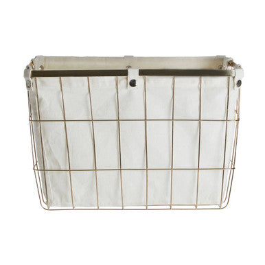 Metal wire storage basket with white fabric liner in large gold finish for stylish organizing and storage