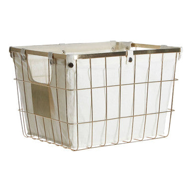 Harga large storage basket with gold finish wire frame and beige fabric liner for organized storage