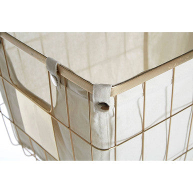 Beige mesh storage basket with reinforced metal frame and fabric lining in gold finish for versatile storage