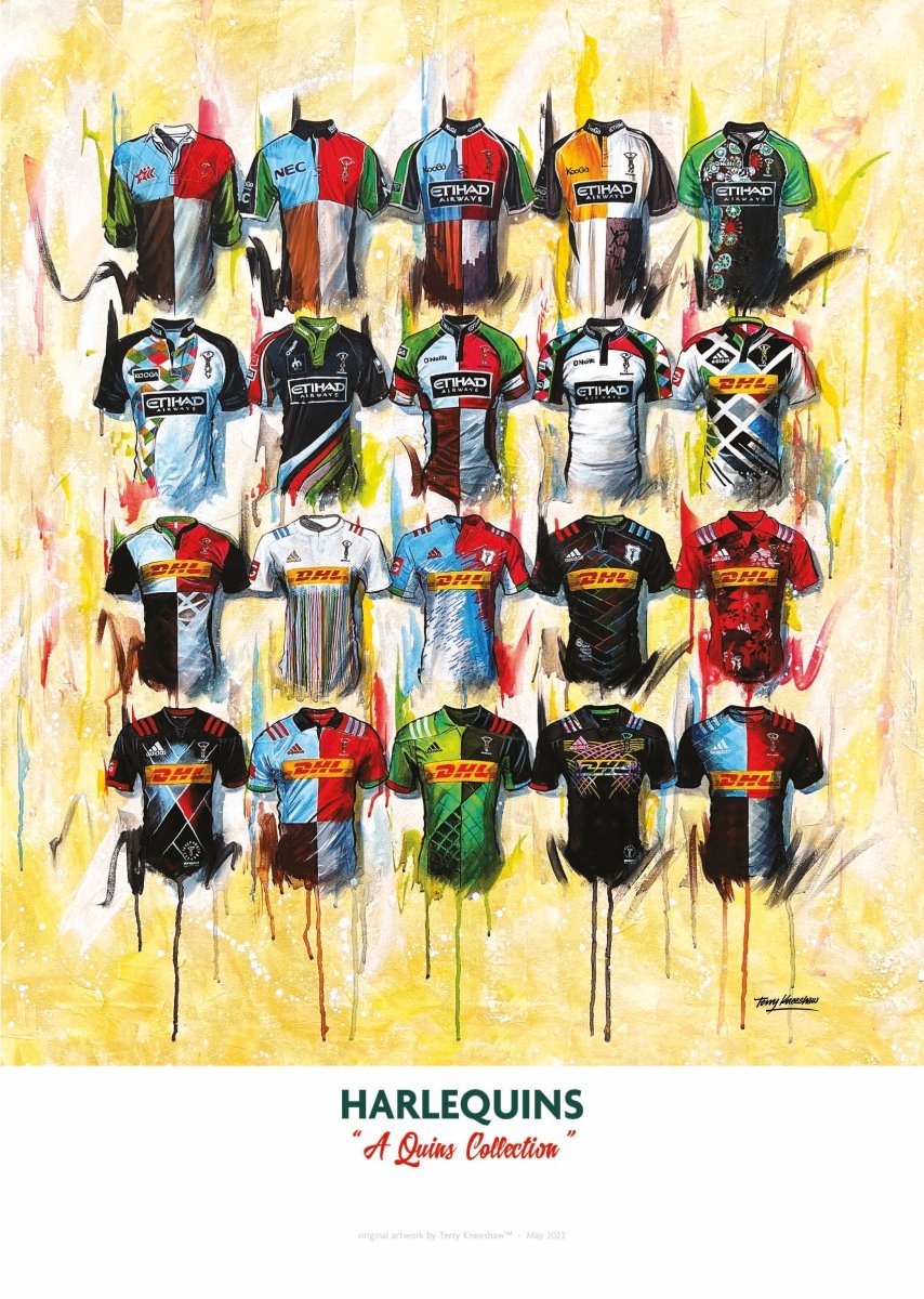 A vibrant abstract poster featuring limited edition harlequins shirts in various colors and designs signed a2 prints
