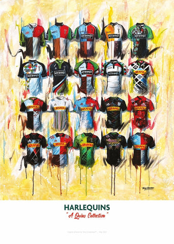 A vibrant abstract poster featuring limited edition harlequins shirts in various colors and designs signed a2 prints