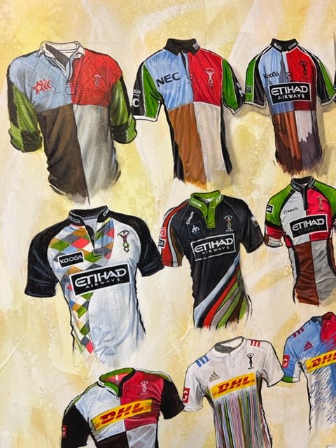 A collection of colorful harlequins shirts with sponsor logos like etihad airways and dhl limited edition prints