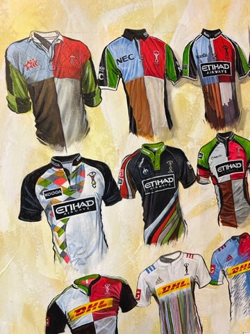 A collection of colorful harlequins shirts with sponsor logos like etihad airways and dhl limited edition prints