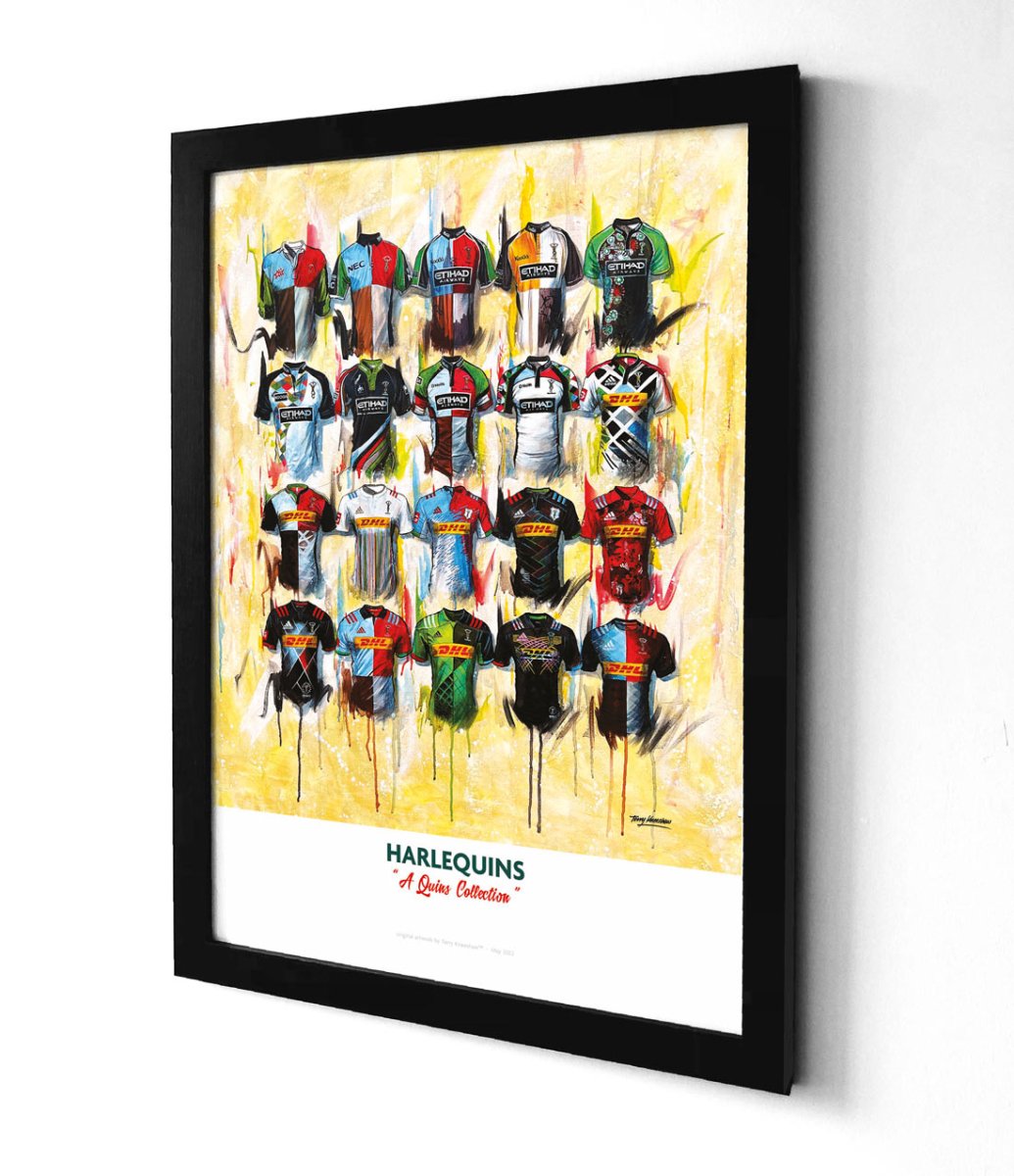 A2 limited edition signed art print featuring vibrant stylized harlequins shirts in various colors and designs