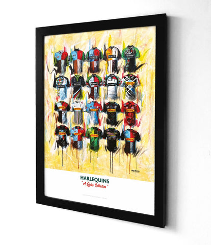 A2 limited edition signed art print featuring vibrant stylized harlequins shirts in various colors and designs