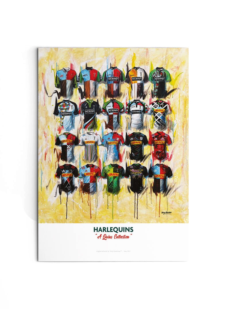 A vibrant limited edition abstract poster featuring a grid of colorful harlequins shirts in various designs