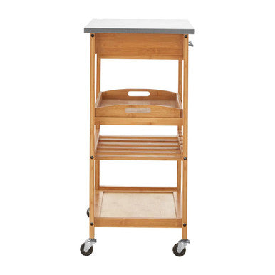 Light wood bamboo kitchen trolley with gray countertop and four adjustable shelves for versatile storage