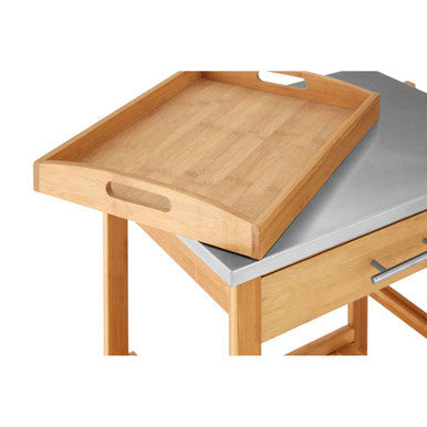 Light brown bamboo serving tray with integrated handles on harlow bamboo one drawer kitchen trolley