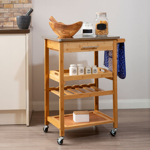 Harlow bamboo one drawer kitchen trolley with light wood bamboo frame, stainless steel top, and four casters for mobility