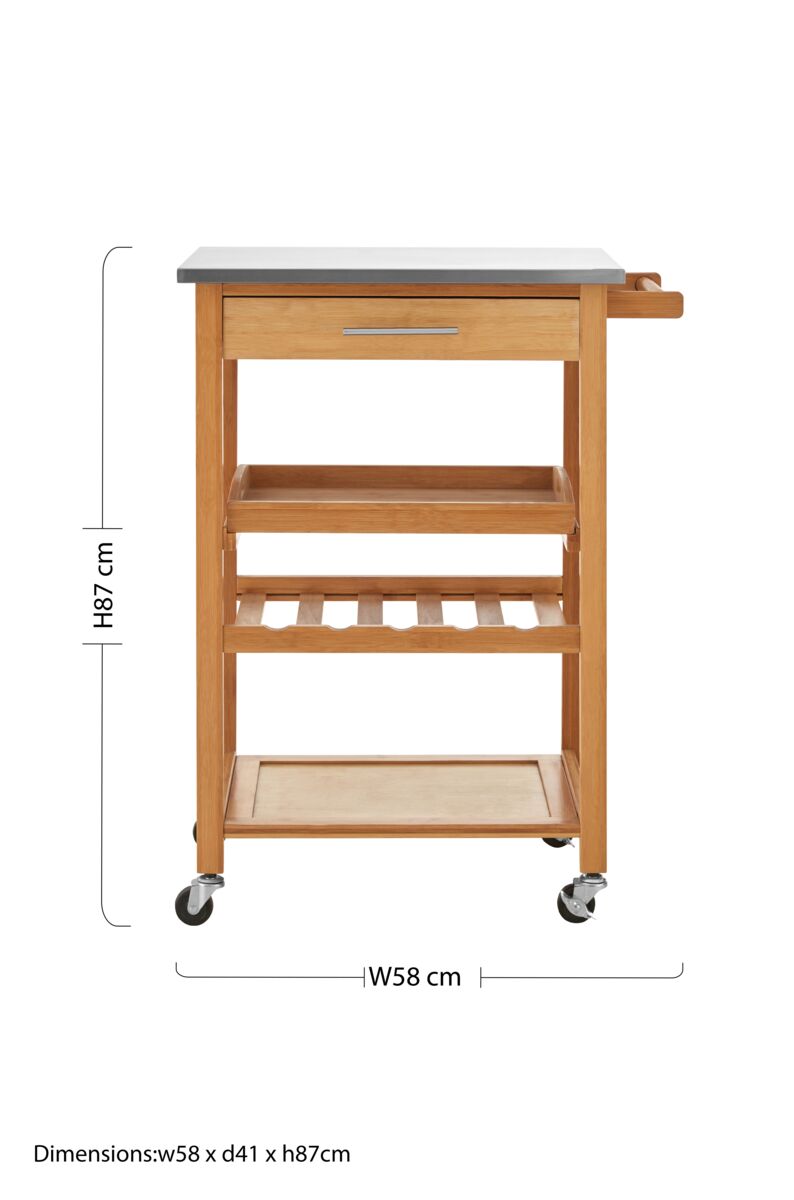 Light wood kitchen trolley with gray metal top and three shelves on casters perfect for extra storage