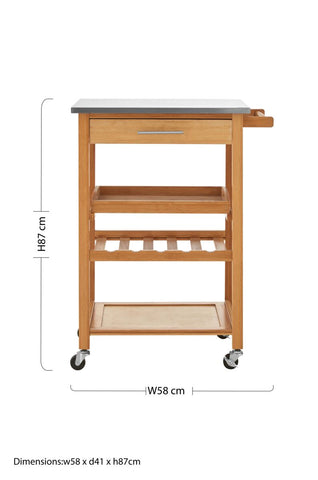 Light wood kitchen trolley with gray metal top and three shelves on casters perfect for extra storage