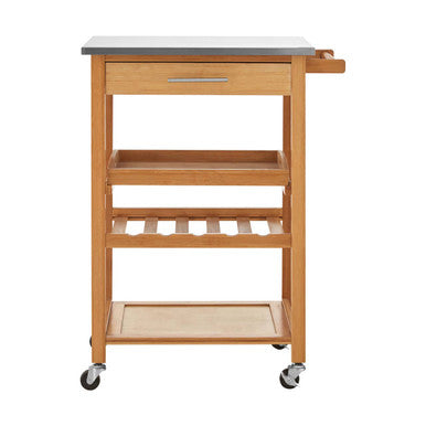 Light wood bamboo kitchen trolley with stainless steel top one drawer and three open shelves for storage