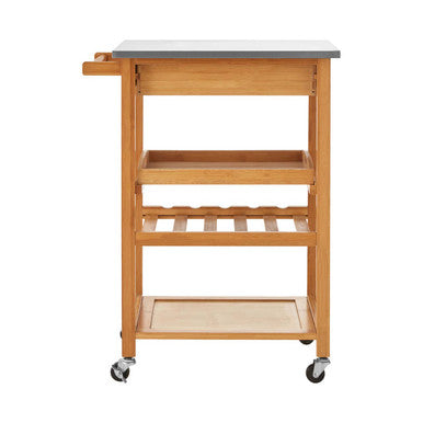 Light wood kitchen trolley with gray bamboo countertop and casters for easy mobility in the kitchen