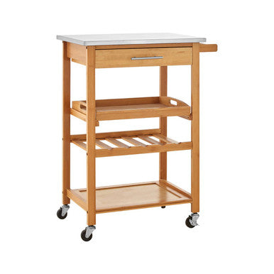 Light wood bamboo kitchen trolley with white countertop drawer and three shelves on casters for easy storage