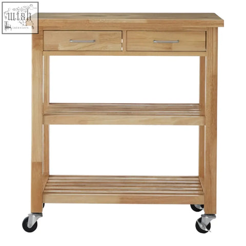 Light oak hevea wood kitchen trolley with two drawers silver handles and black caster wheels from harlow glenn