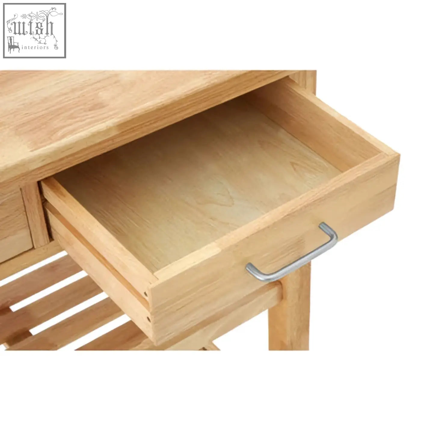 Light-colored hevea wood kitchen trolley drawer with sleek silver metal handle features two drawers for storage
