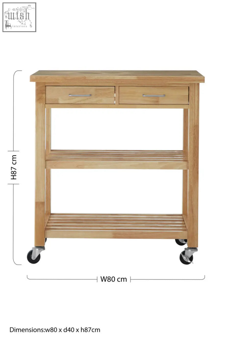 Light-colored hevea wood kitchen trolley with two drawers and three shelves on casters for easy mobility