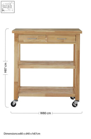 Light-colored hevea wood kitchen trolley with two drawers and three shelves on casters for easy mobility