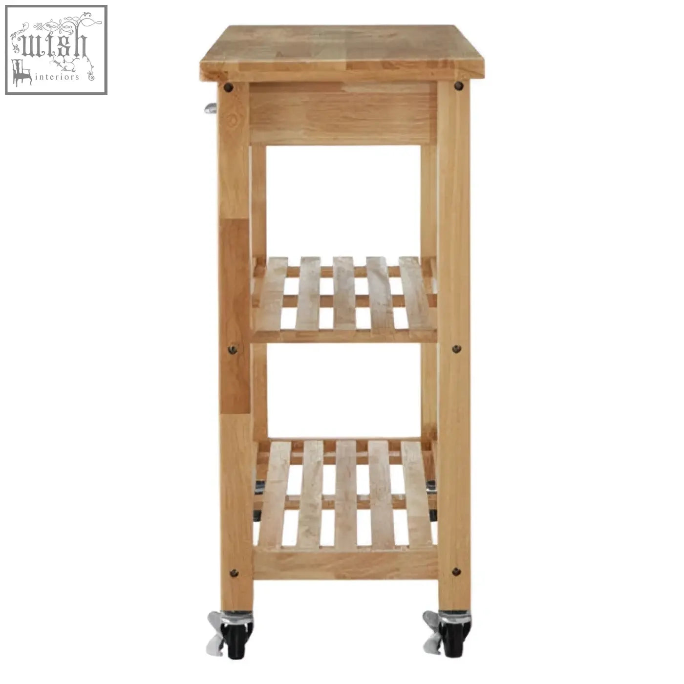 Light-colored hevea wood kitchen trolley with three slatted shelves black caster wheels and two drawers by harlow glenn