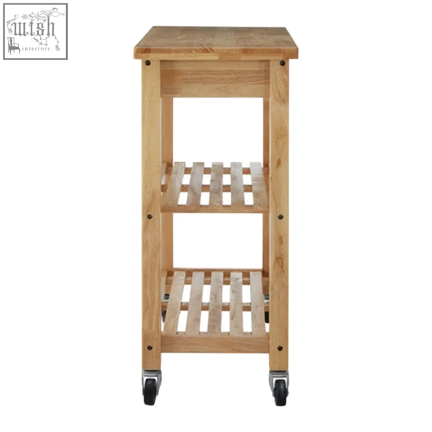 Light-colored hevea wood kitchen trolley by harlow glenn features three slatted shelves and black caster wheels