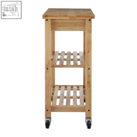 Light-colored hevea wood kitchen trolley by harlow glenn features three slatted shelves and black caster wheels