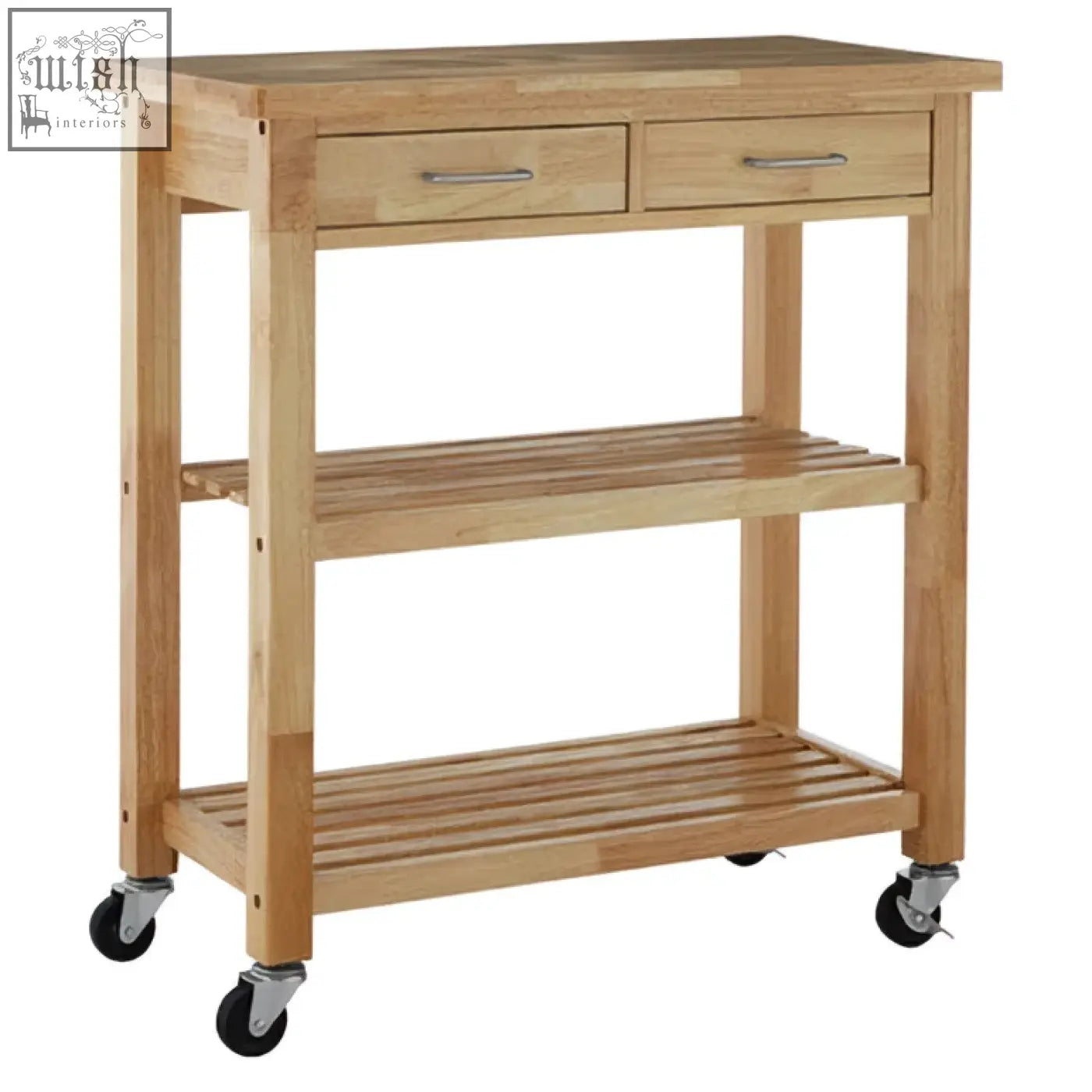Light-colored hevea wood kitchen trolley by harlow glenn features two drawers and three shelves with black caster wheels