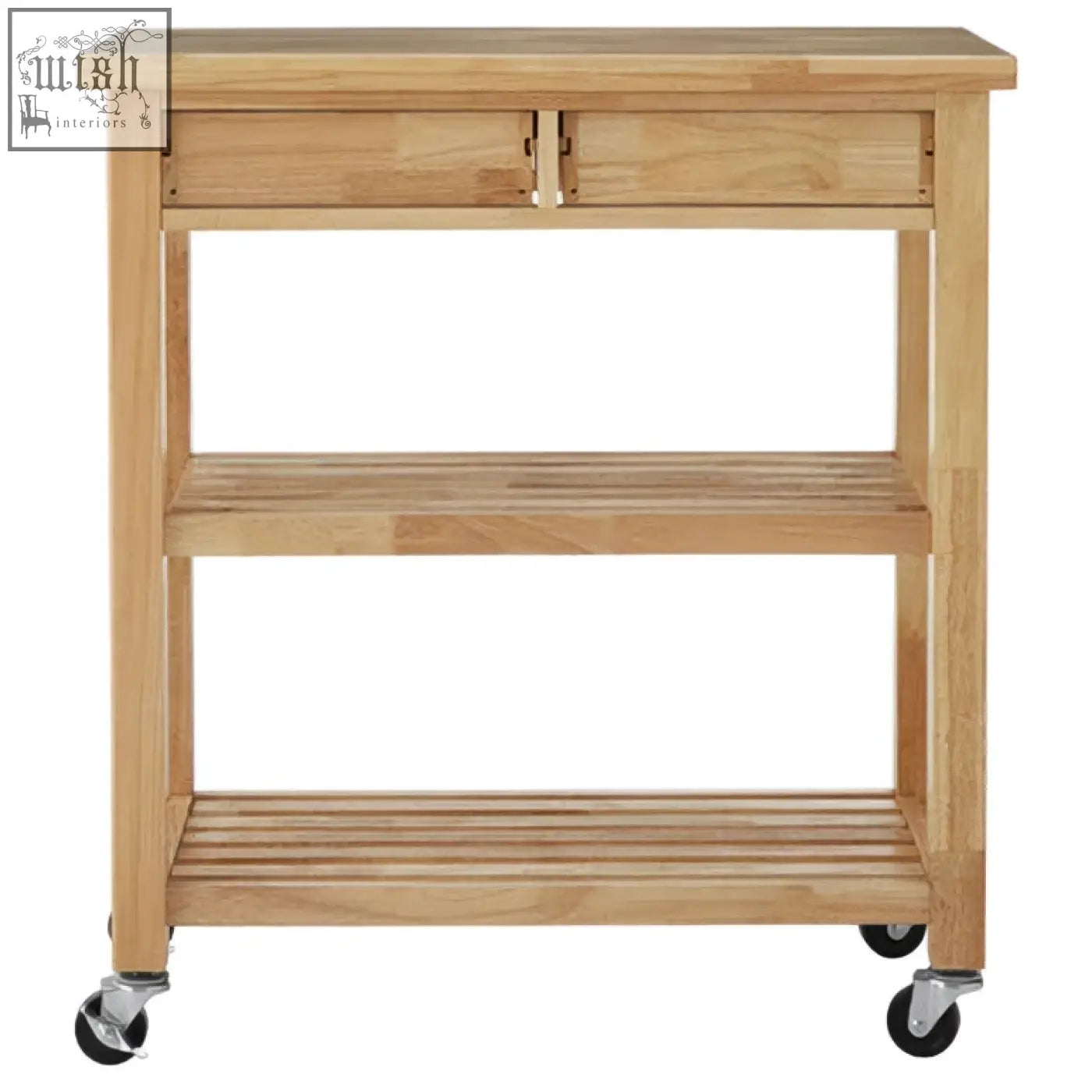 Light-colored hevea wood kitchen trolley with top drawer and two open shelves on black caster wheels by harlow glenn