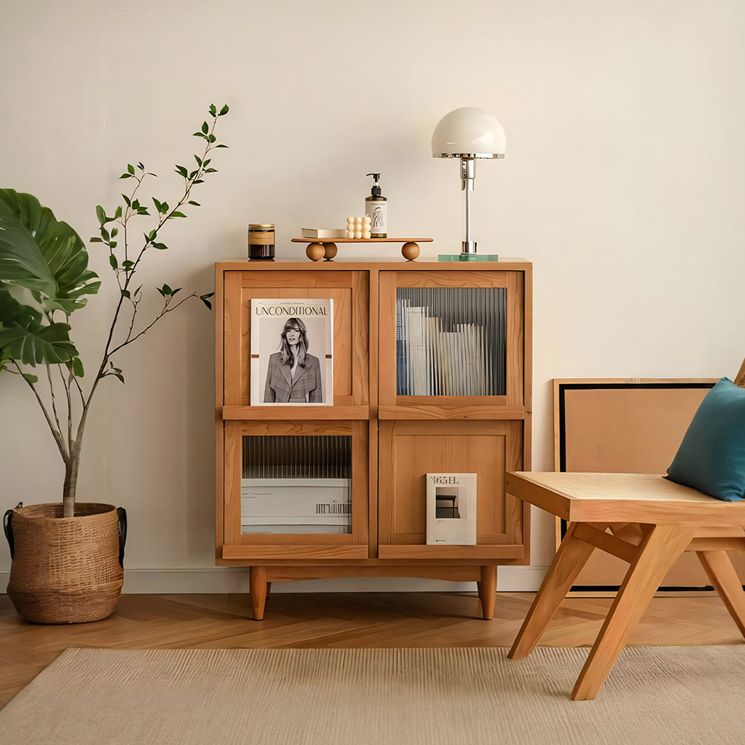 Light wood mid-century modern harriet sideboard with glass-paneled doors and tapered legs solid wood bedside table
