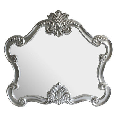 Harriet silver wall mirror with intricate silver scrollwork and floral details on curved ornate frame