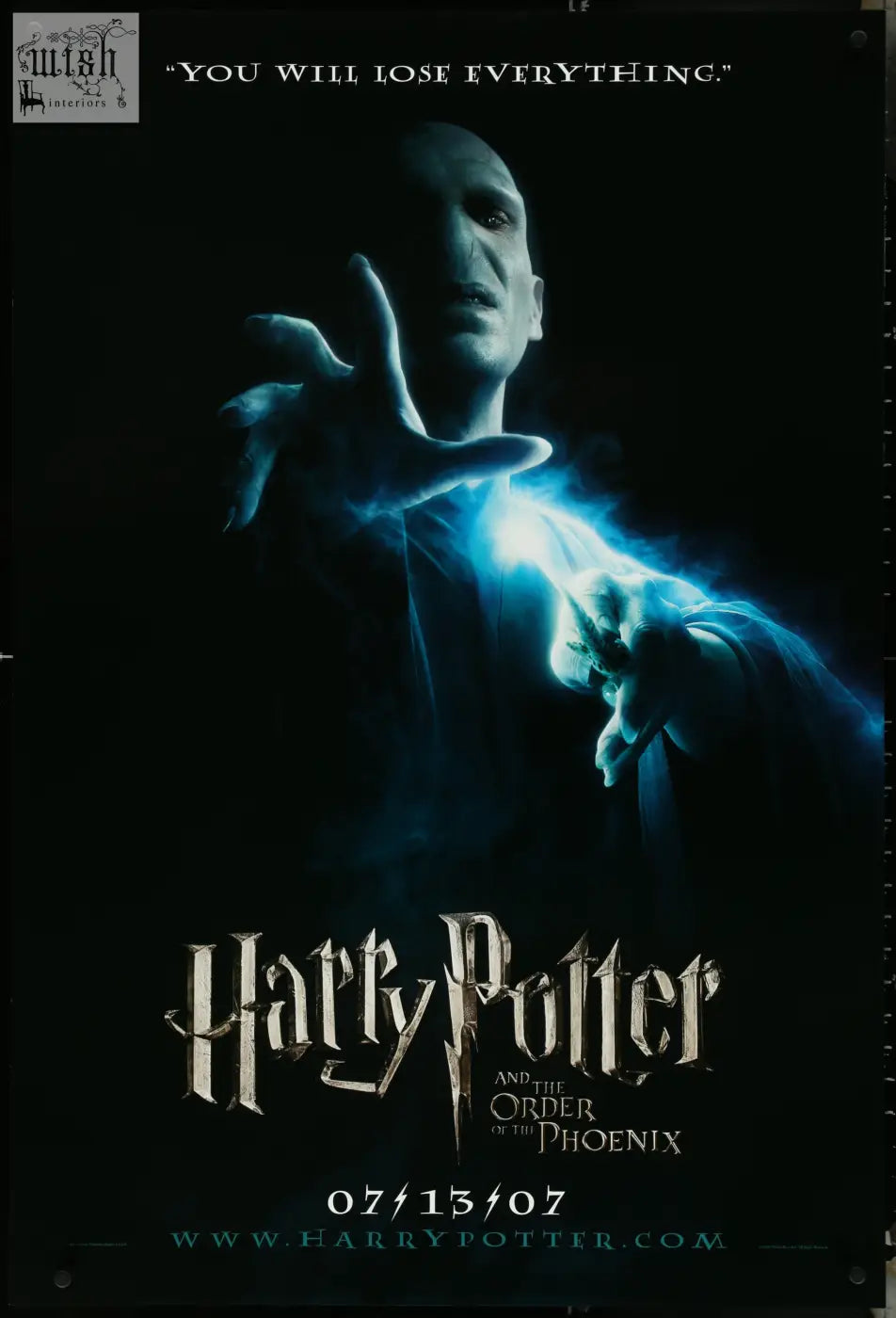 Dark atmospheric harry potter movie poster featuring daniel radcliffe casting blue magic in order of the phoenix
