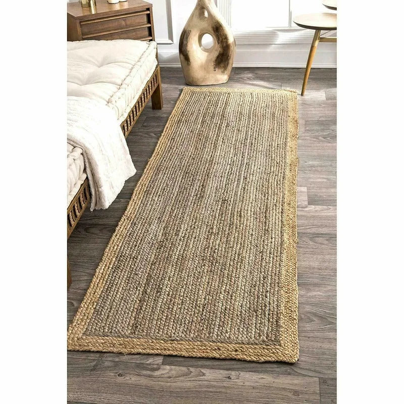 Natural fiber jute runner rug with textured woven pattern and rustic beige tones in harue rug style