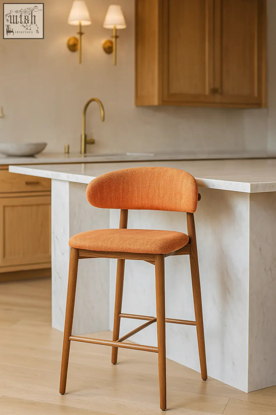 Orange upholstered haruto bar stool with wooden legs and curved backrest perfect for kitchen or home bar seating