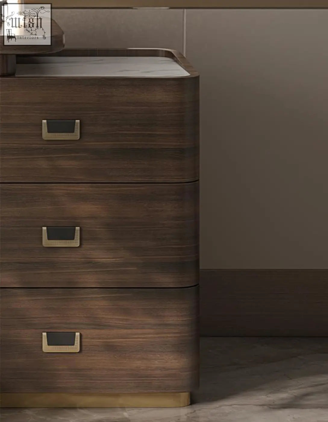 Dark wood harvey dressing table nightstand with three drawers brass handles and polished gold base offer financing available