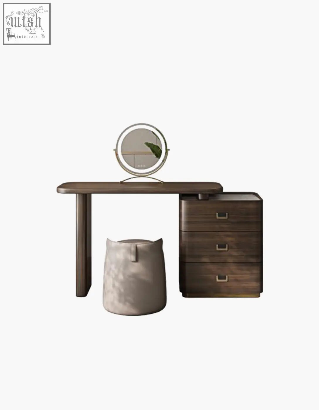 Modern dark wood harvey dressing table with sleek design and three drawers featuring metallic handles offer financing available