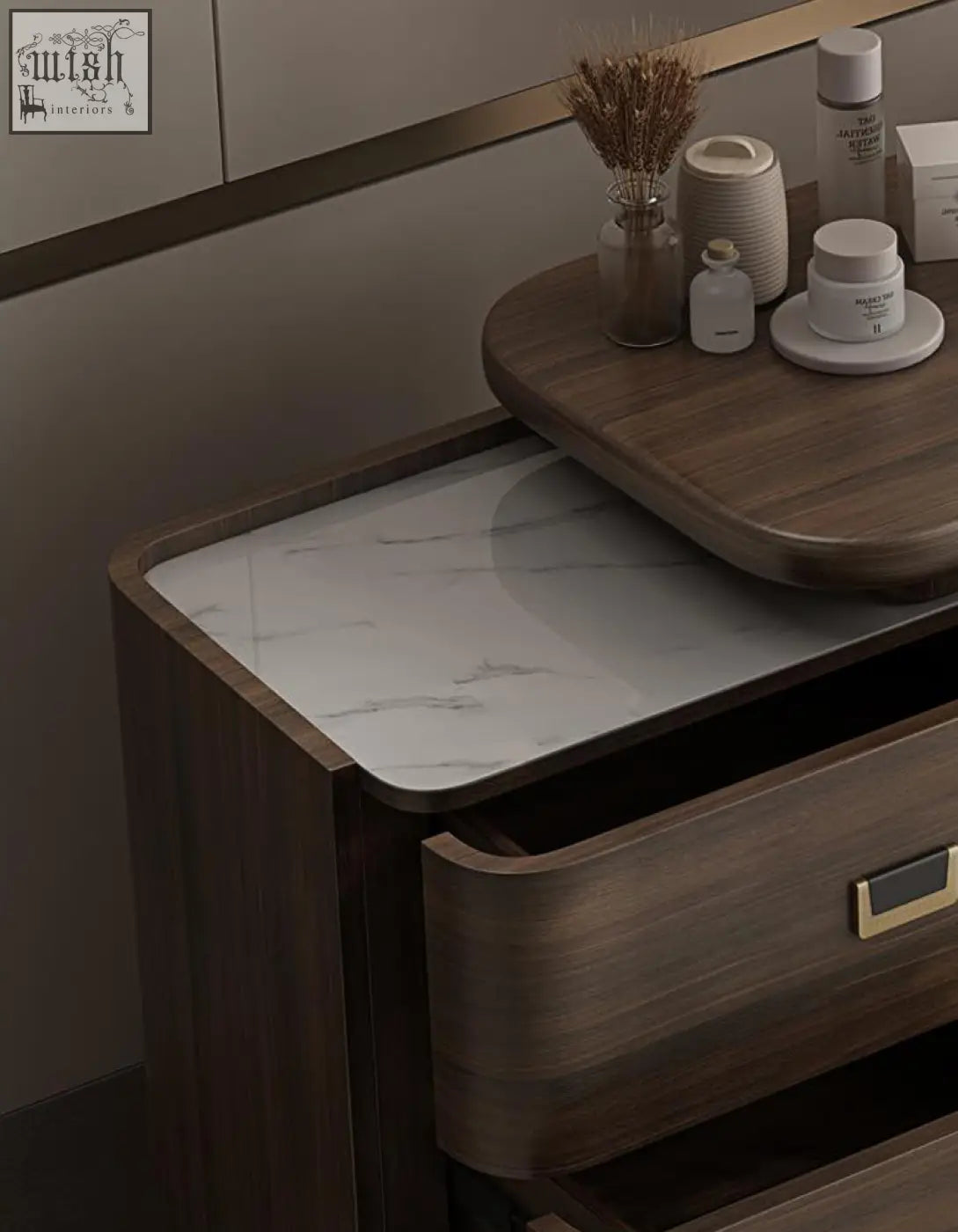 Harvey dressing table side drawer with modern wooden nightstand featuring white marble top and gold drawer handle offer financing