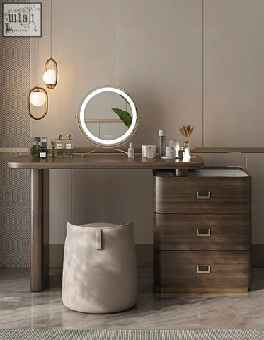 Modern wooden harvey dressing table with round illuminated mirror and gold hardware offers financing options