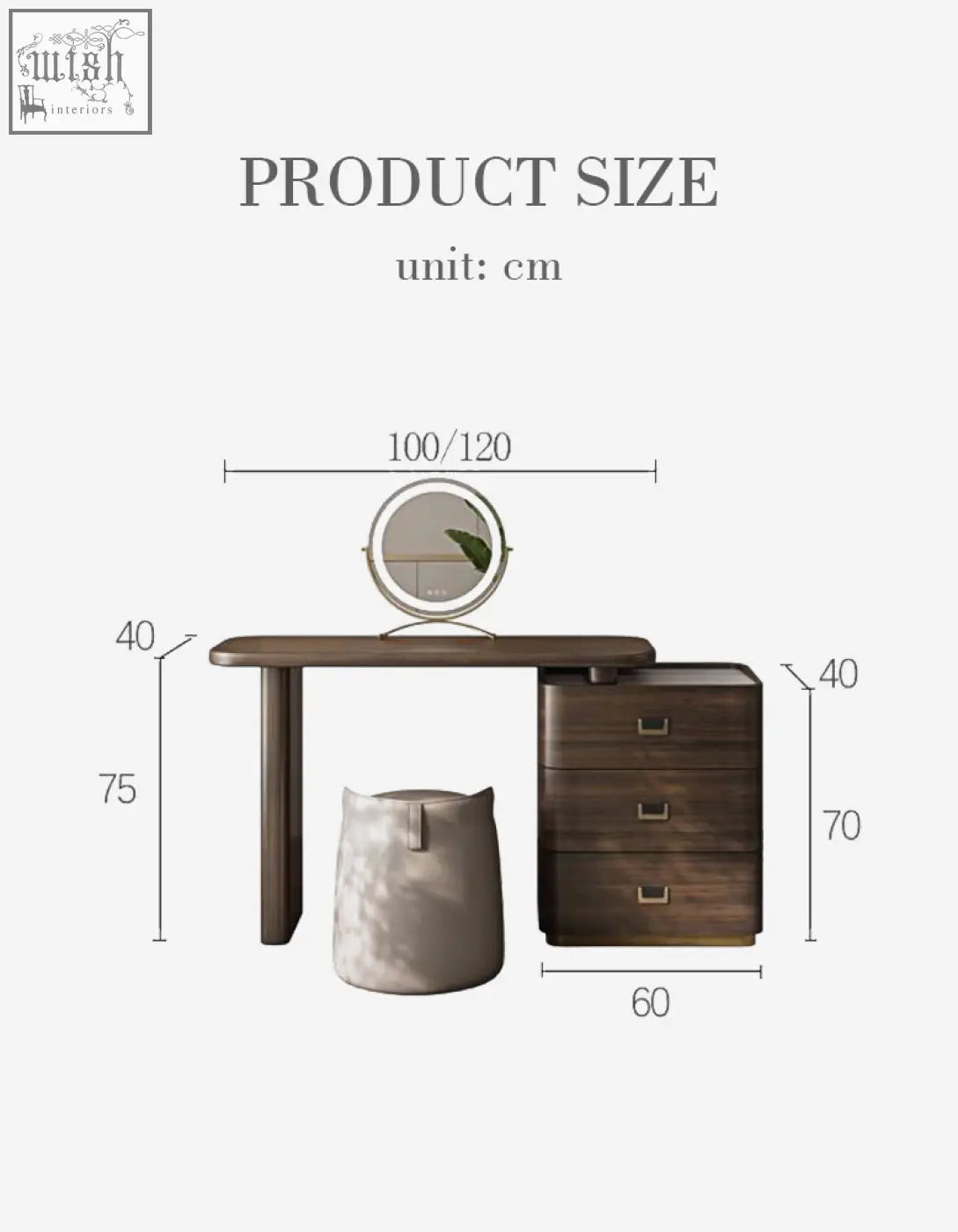 Modern wooden harvey dressing table with round mirror three drawers and gray fabric storage basket offer financing available