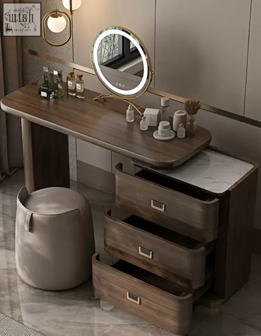 Modern harvey dressing table with marble top wooden drawers and round illuminated mirror available with offer financing