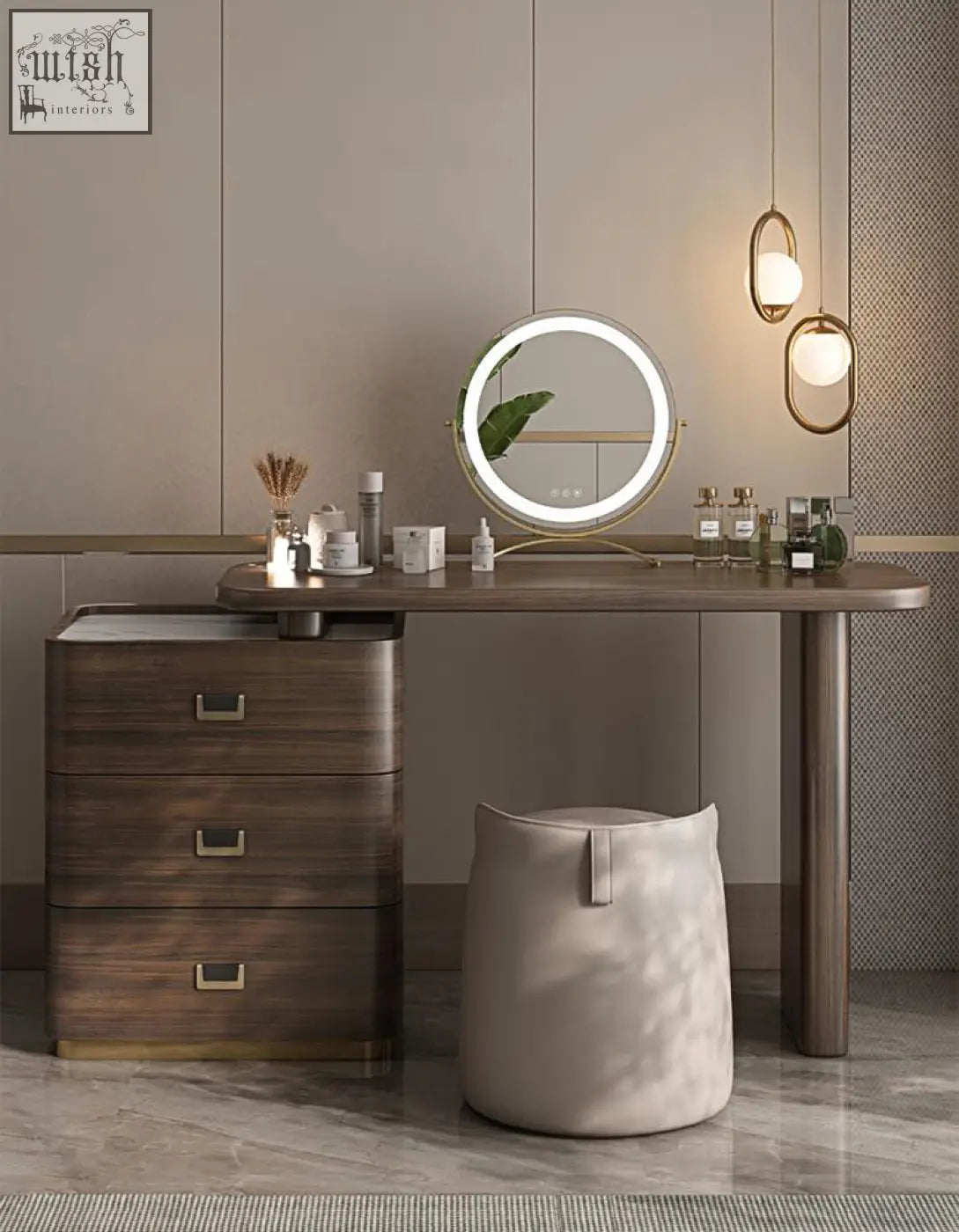 Round vanity mirror with glowing led light ring and gold frame on harvey dressing table offering financing options