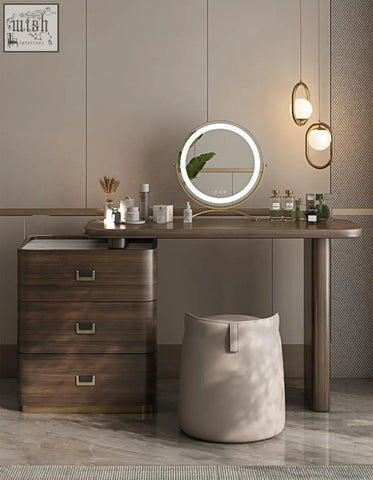 Round vanity mirror with glowing led light ring and gold frame on harvey dressing table offering financing options