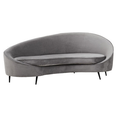 Hasina three seat grey velvet sofa with curved design and black metal legs perfect for stylish seating