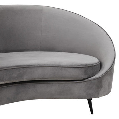 Hasina three seat grey velvet sofa with sleek curved design and slender black legs for modern living rooms